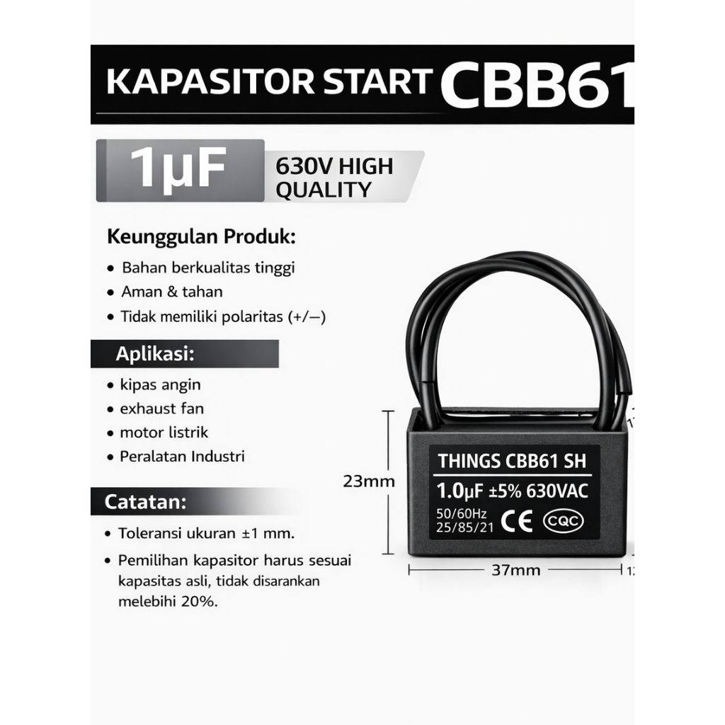 Kapasitor Kabel 630V CBB61 0,47uf, 0,68uf, 0,8uf, 1uf, 1,2uf, 1,5uf, 1,8uf, 2uf, 2,5uf, 3uf, 3,3uf, 