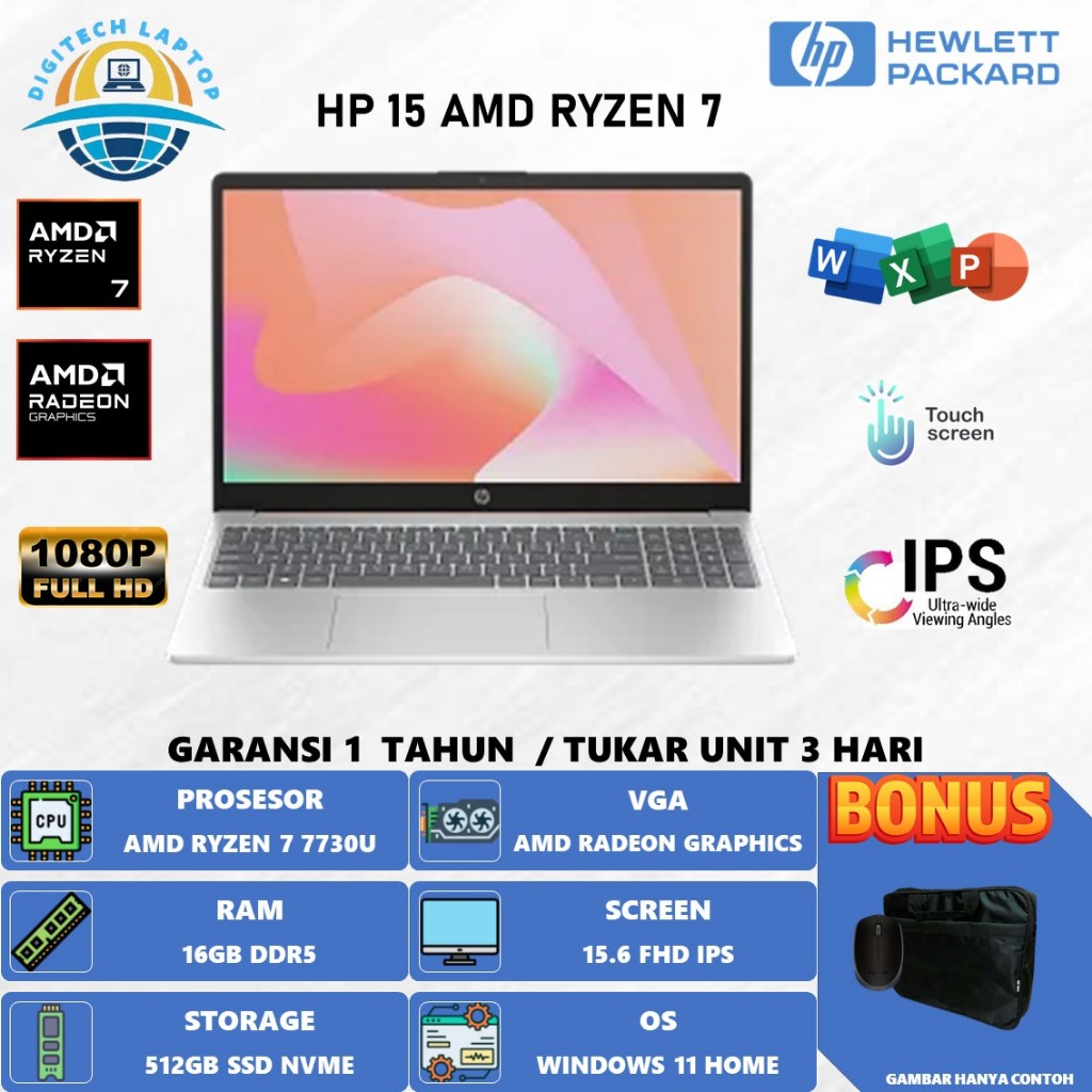 Laptop HP 15 AMD RYZEN 7 7730U 16GB 512GB 15.6 FHD IPS TOUCH WIN11HOME SILVER