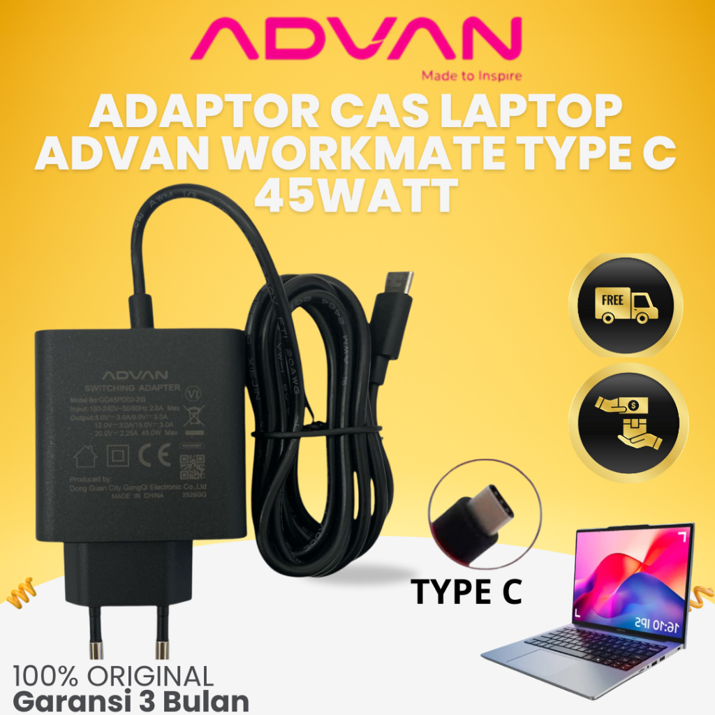 ADAPTOR CAS LAPTOP ADVAN WORKMATE 45WATT ORIGINAL GARANSI 3 BULAN