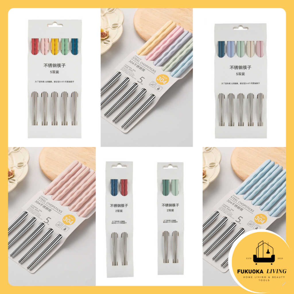 [FUKUOKA] SET isi 5 Pasang Sumpit Stainless Korean Chopstick Premium Best Quality 304 Anti Karat Ala