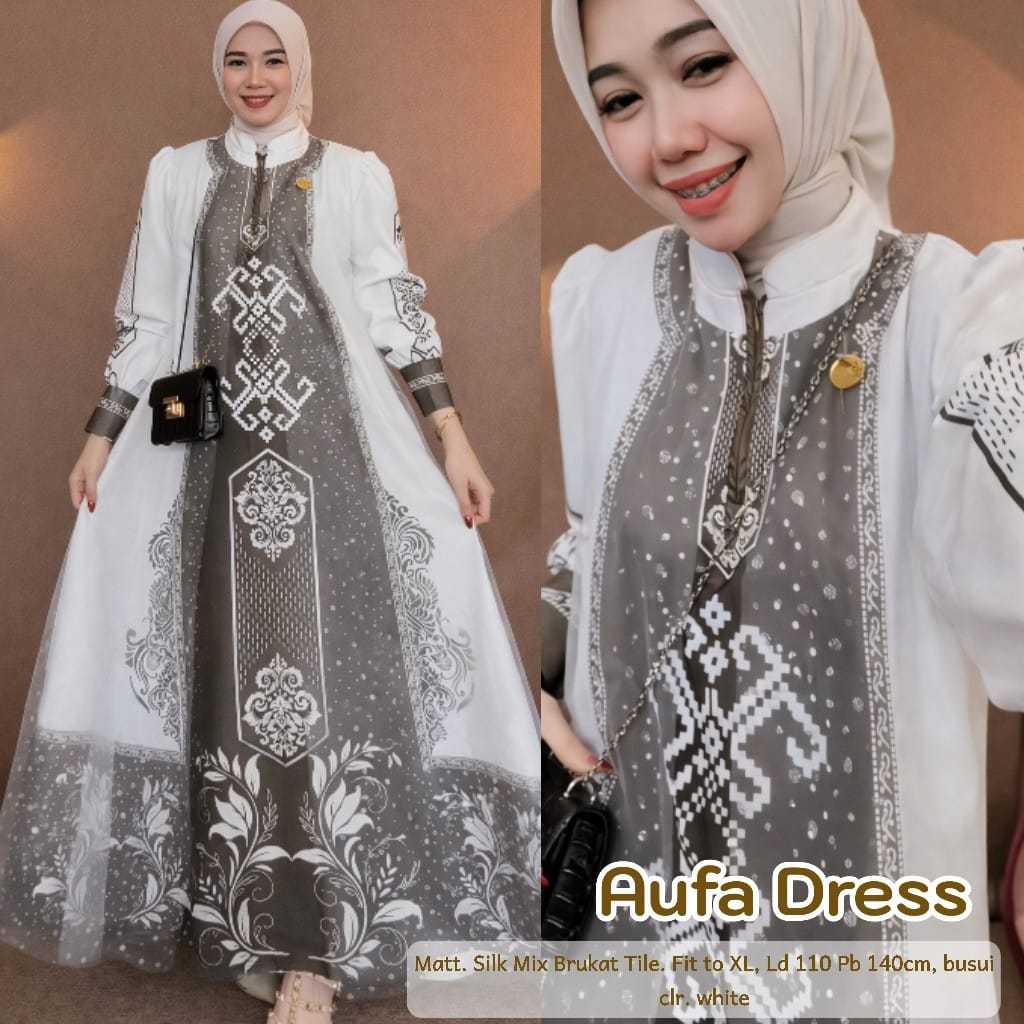 Aufa Dress Wanita Muslimah Premium Motif Etnik Elegan | Gamis Silk Mix Brukat Tile Busui Friendly Fi