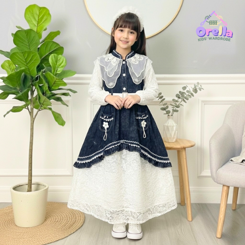 Dress Gamis Jeans Import Lengan Panjang Brokat Belt Anak Perempuan Usia 3-10 Tahun Fashion Lebaran