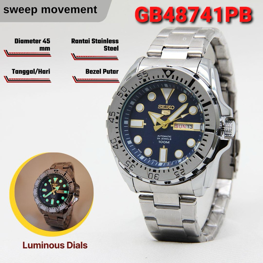 Jam Tangan Pria Seiko 5 Monster Day Date Sweep Movement Stainless Steel Strap Include Box