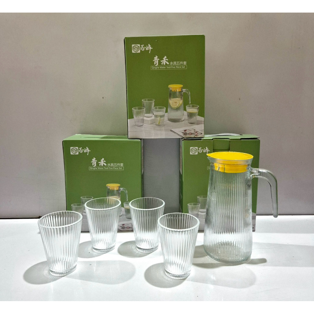 HAMPERS Idul Fitri [SET] TEKO PITCHER SET KACA ( 1 Teko & 4 Gelas) / Teko Pitcher Set Kaca 5 In 1