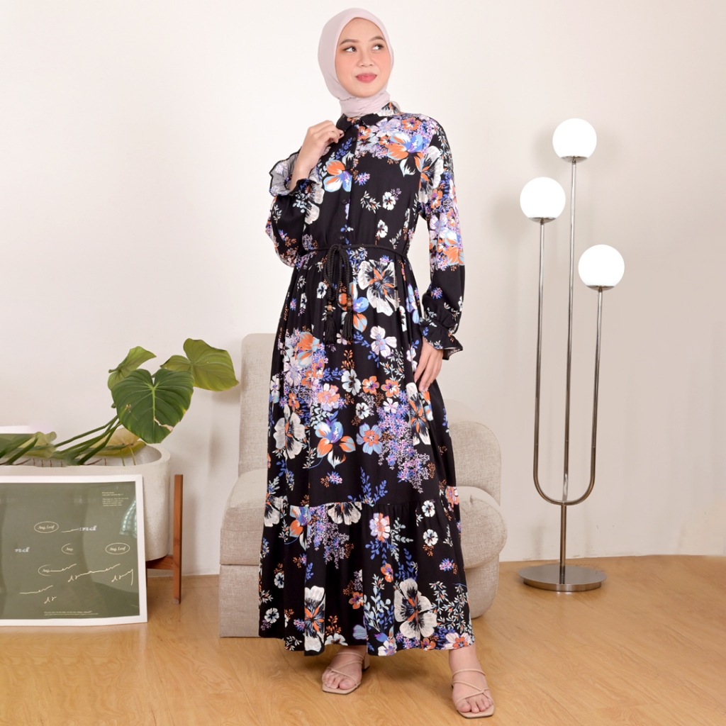 Novel Mice | Gamis Wanita Rayon Twill Bunga Hitam | Dress Wanita Lengan Panjang Motif Floral