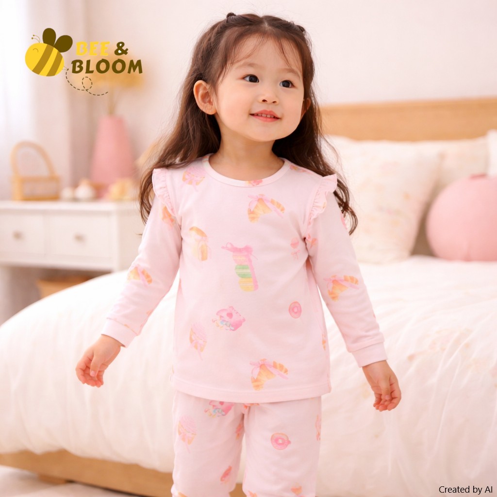Beeandbloom Yumeko Frill Pajamas Tencel | Baju Tidur Tencel Anak Perempuan | Piyama Anak Tencel