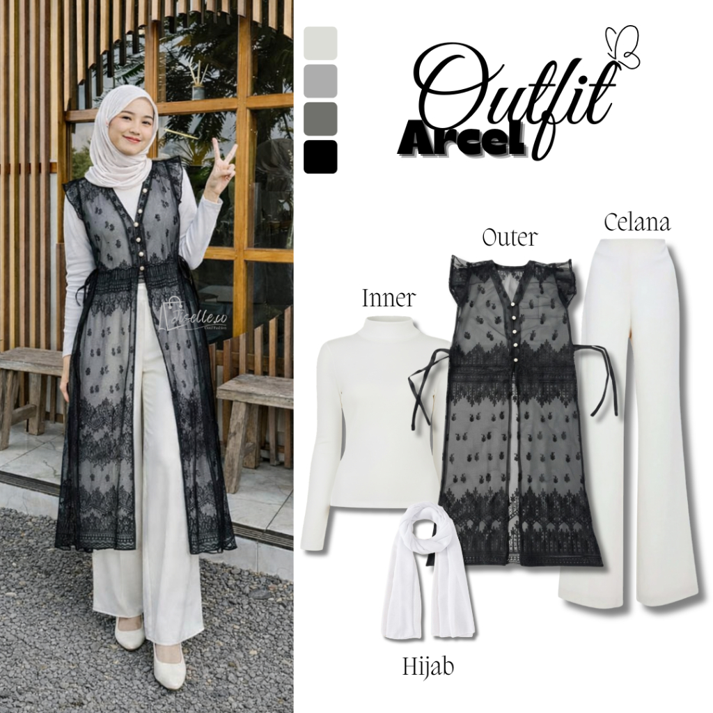 Setelan Lebaran Wanita Elegan 4in1 [Outer Brokat + Manset + Celana Cutbray + Pasmina] OOTD Cewek baj