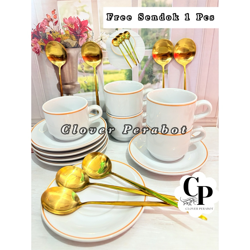 1 SET GELAS KERAMIK LIST EMAS (6 GELAS + 6 TATAKAN) FREE SENDOK MAKAN CANGKIR KOPI KERAMIK