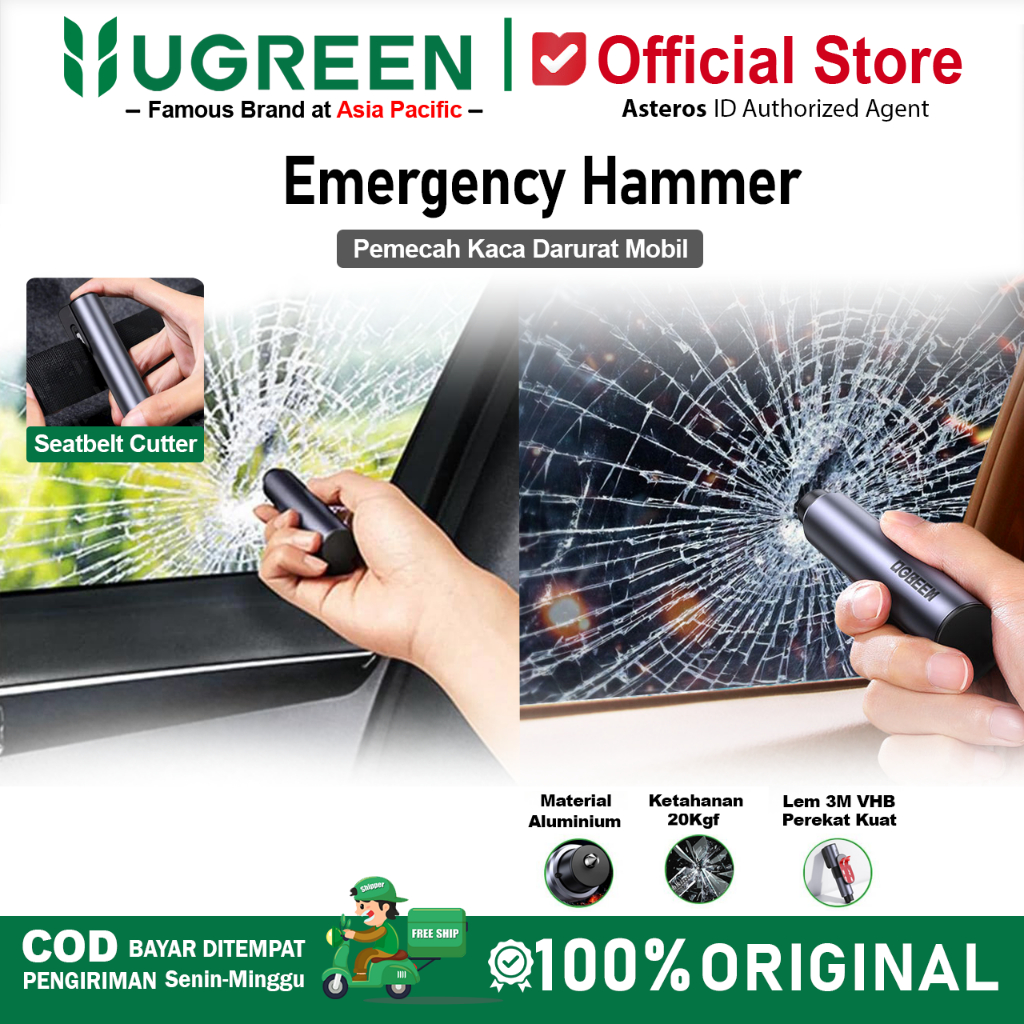UGREEN Emergency Hammer Pemecah Kaca Darurat Jendela Mobil Kendaran With Cutter 80541
