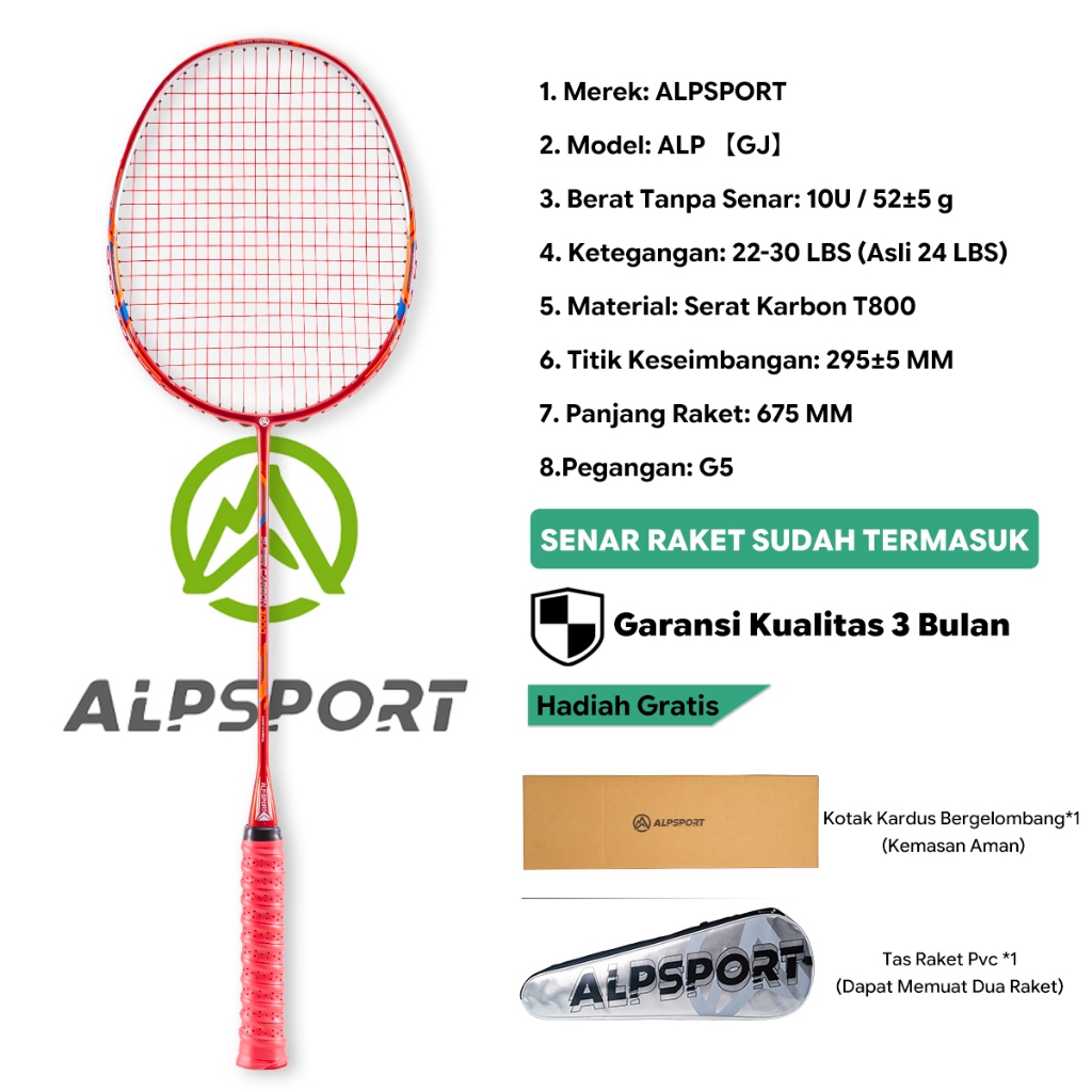 ALPSPORT GJ Max 35LBS 10U 52g Raket Bulutangkis Merah Senar Grip Terpasang Premium Full Carbon Serat