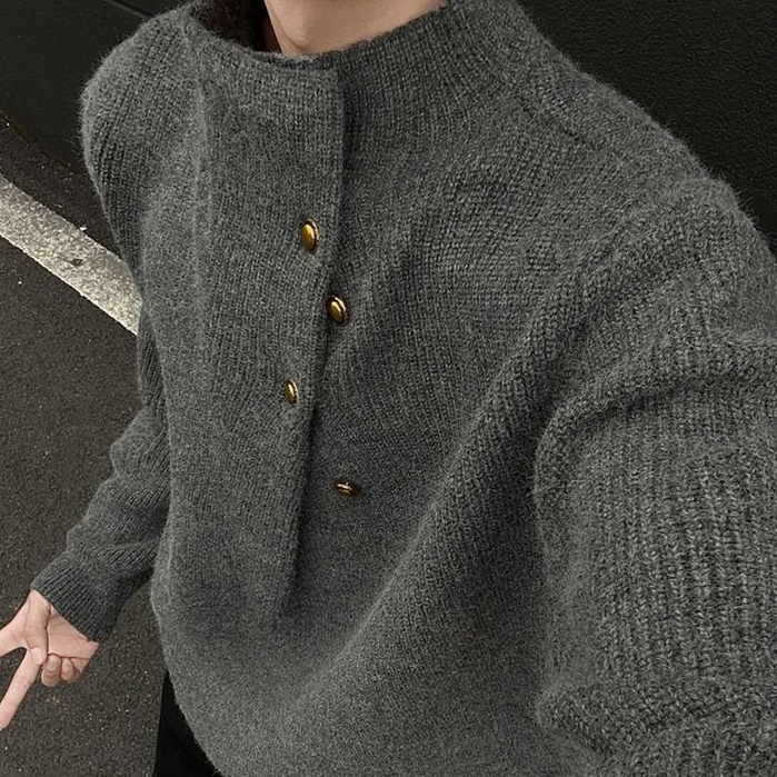 Desain Kancing Tidak Teratur Sweater Leher Tinggi Atasan Rajut Pria