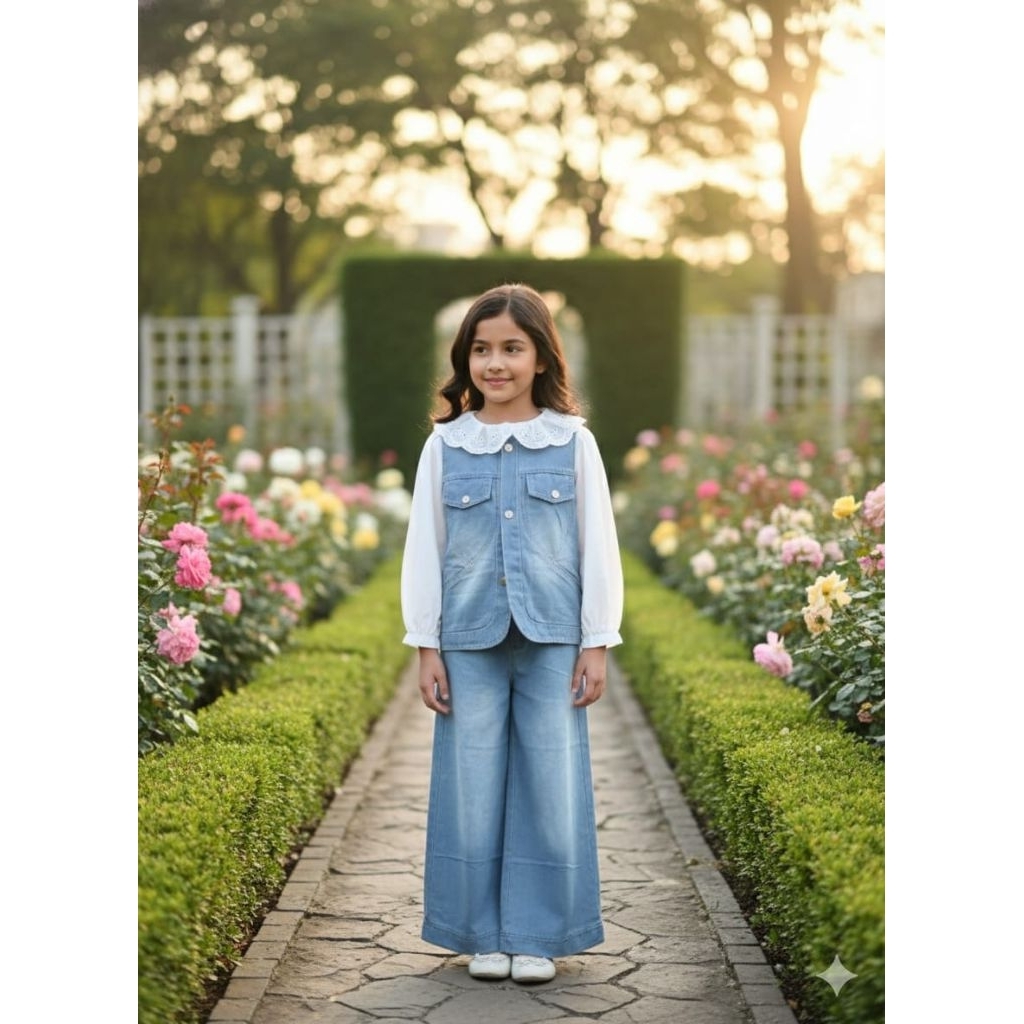SETELAN ANAK CEWEK 3IN1 BLOUSE+ROMPI KANCING+CELANA JEANS