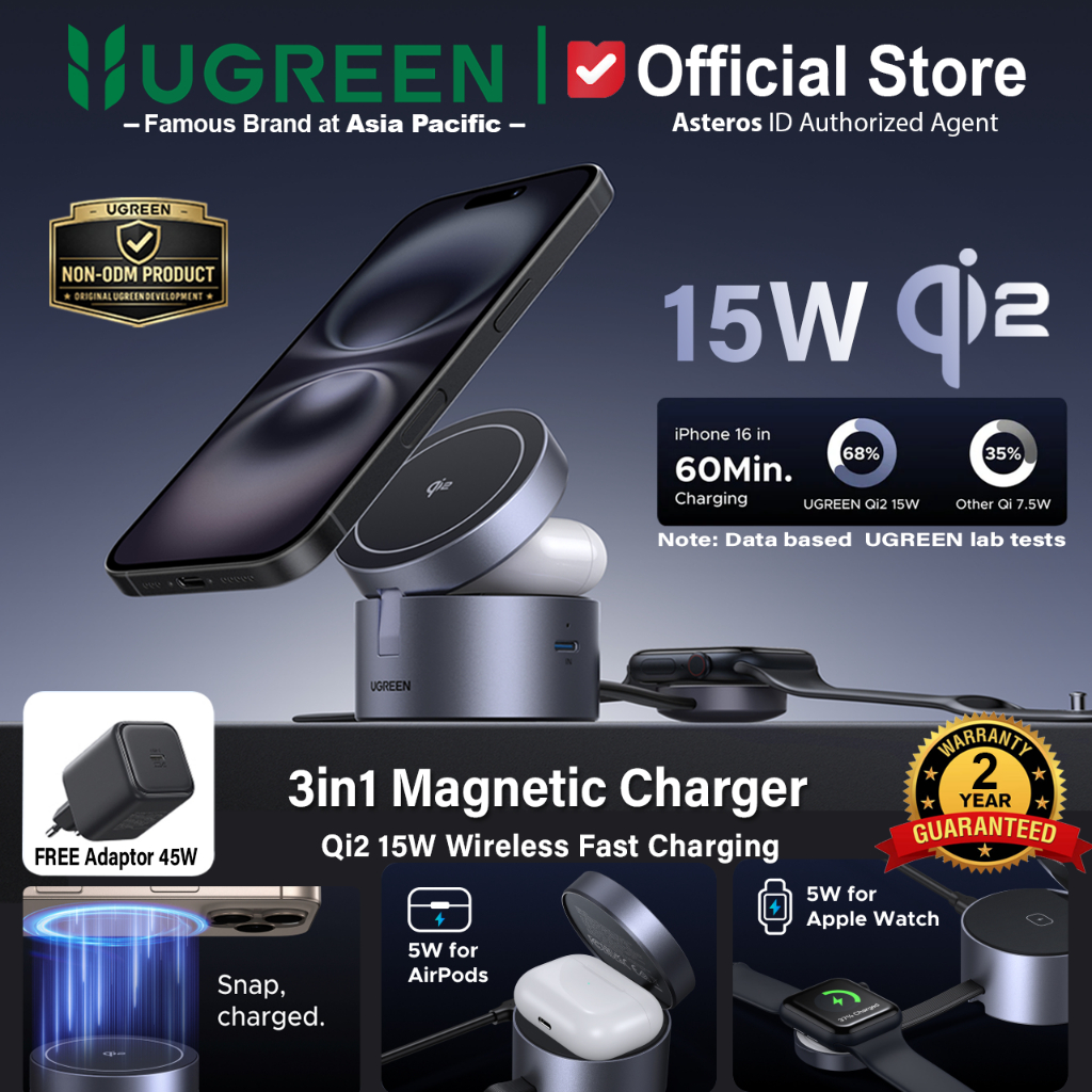 UGREEN UNO 3 IN 1 Magsafe Qi2 Wireless Charger Stand Magnetic Fast Charging 15W For iPhone Airpods &