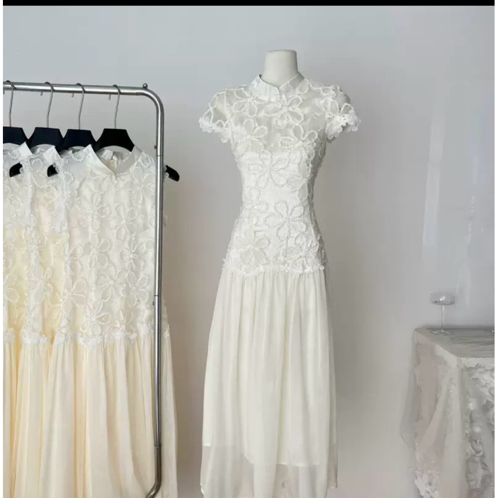 daisy cheongsam long maxi dress lace elegant pleated shirt flowy