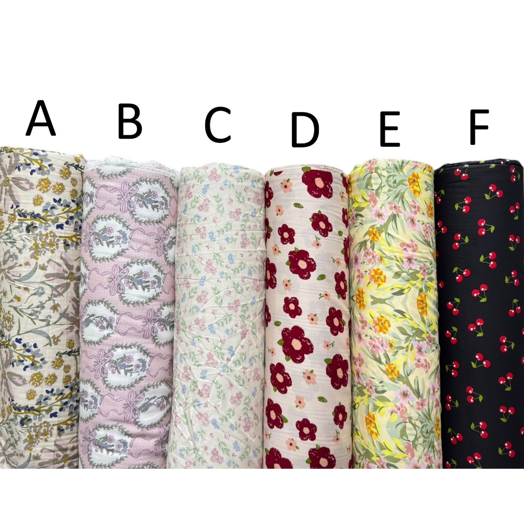 Bahan kain katun rayon viscose motif bunga kecil cantik motif cerry hitam motif pita pink terbaru be
