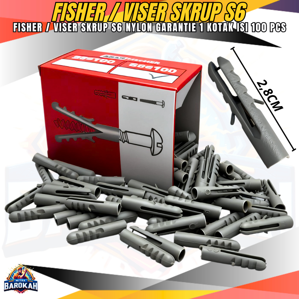 Fisher Pengencang Skrup Tembok Plastik S6 Nylon Garanite 1 Kotak Isi 100 PCS Kuat Awet dan Tahan Beb
