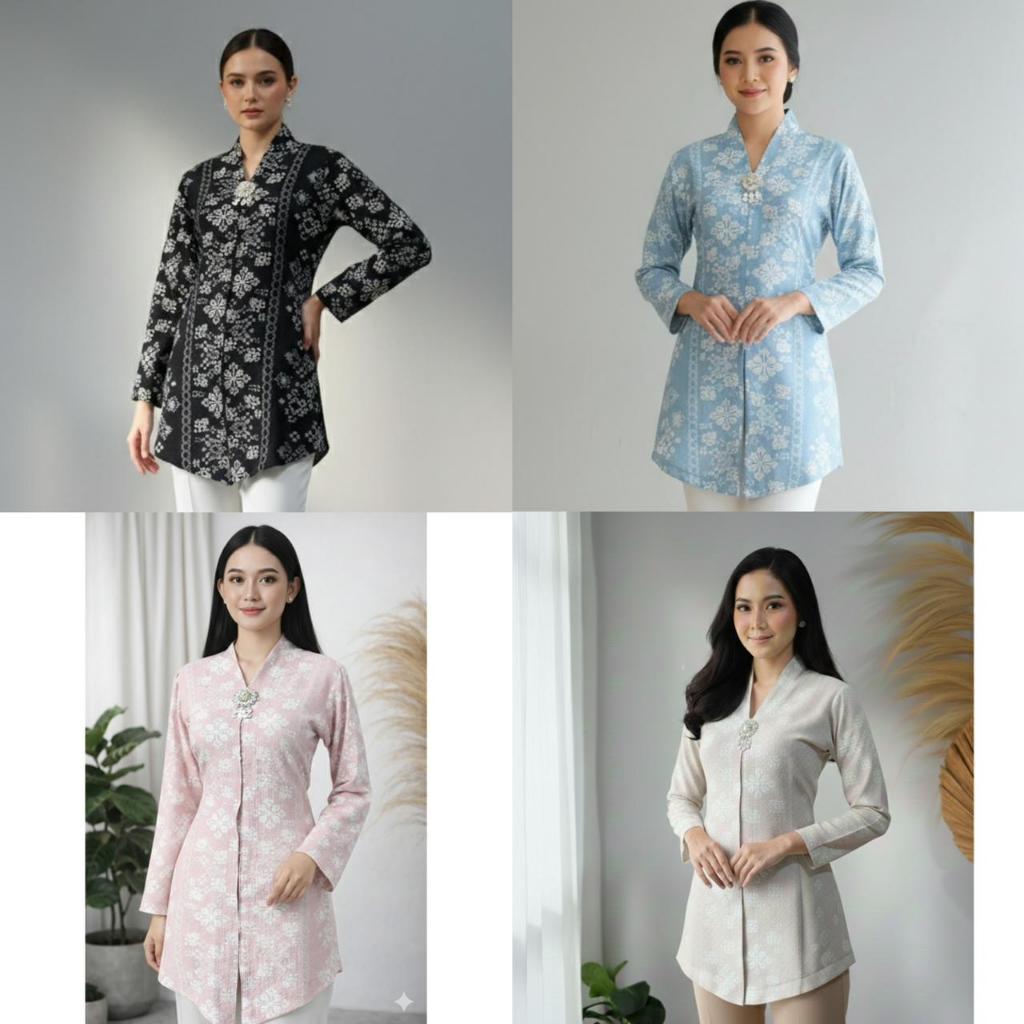 Tunik Motif Bunga Wanita Krinkel Iris Borneo Atasan Kebaya Wanita Full Kancing Busui Friendly Bisa H