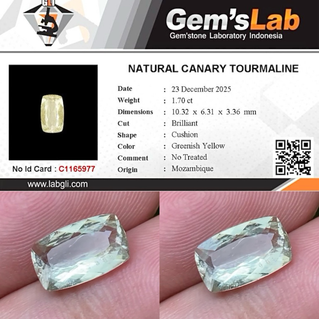 1,70 cts Natural Canary Tourmaline origin Mozambique No Treatment Memo GLI