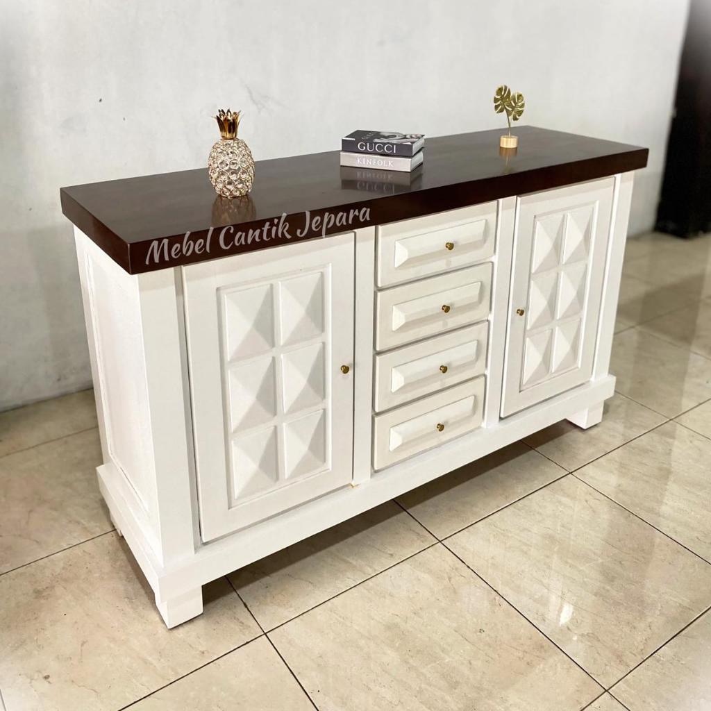 Bufet Diamond 150cm Kombinasi Warna Salak & Duco Putih/Meja TV Bahan Kayu Jati & Mahoni