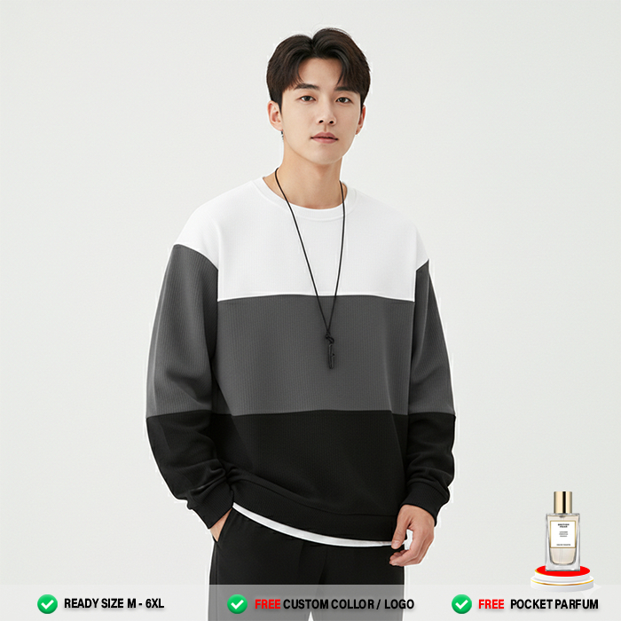 Sweater Pria Wanita ( PUTIH ABU TUA HITAM ) Stripe Crewneck | Sweater Polos Casual Lengan Panjang Pr