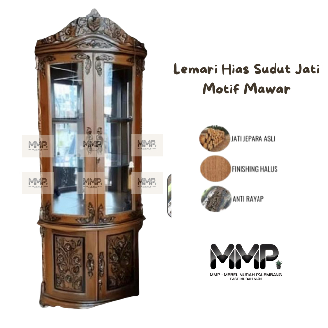 Lemari Hias Sudut Jati Motif Mawar | Lemari Hias Jati Jepara Asli Murah Palembang