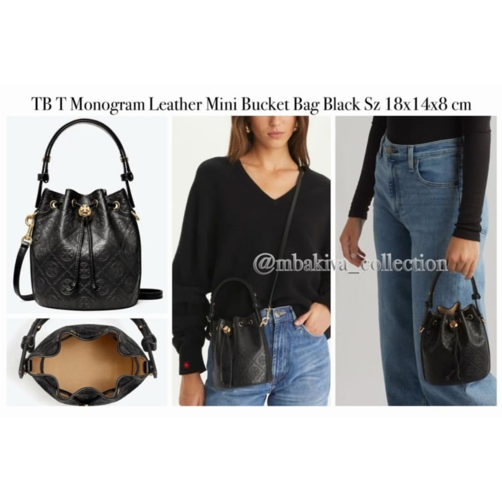 TB T Monogram Leather Mini Bucket Bag Black