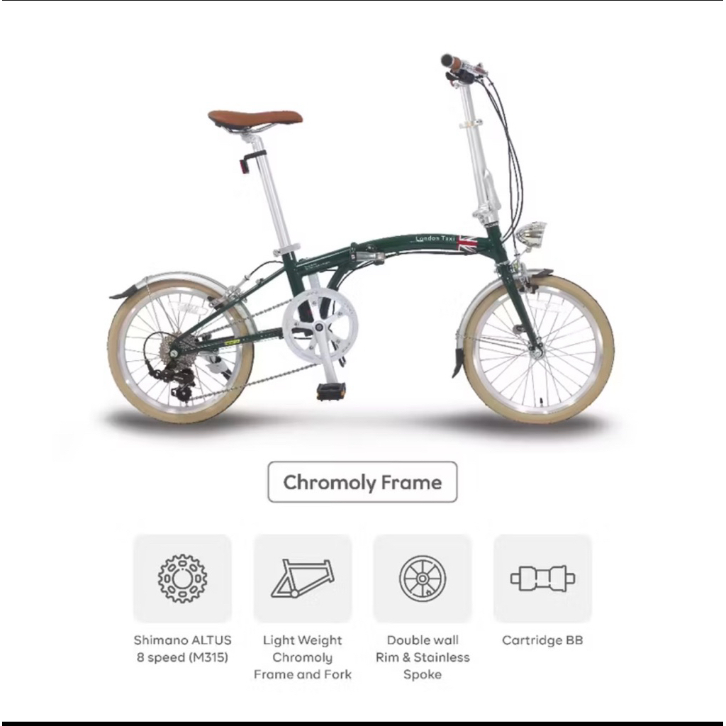 London Taxi CHROMOLY Folding Bike 16 - British Green / Sepeda Lipat 16 inch