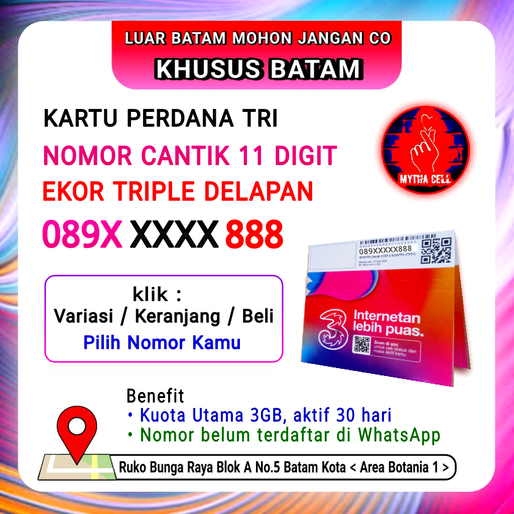 Kartu Perdana Tri Nomor Cantik 11 Digit Triple 8 - KHUSUS BATAM