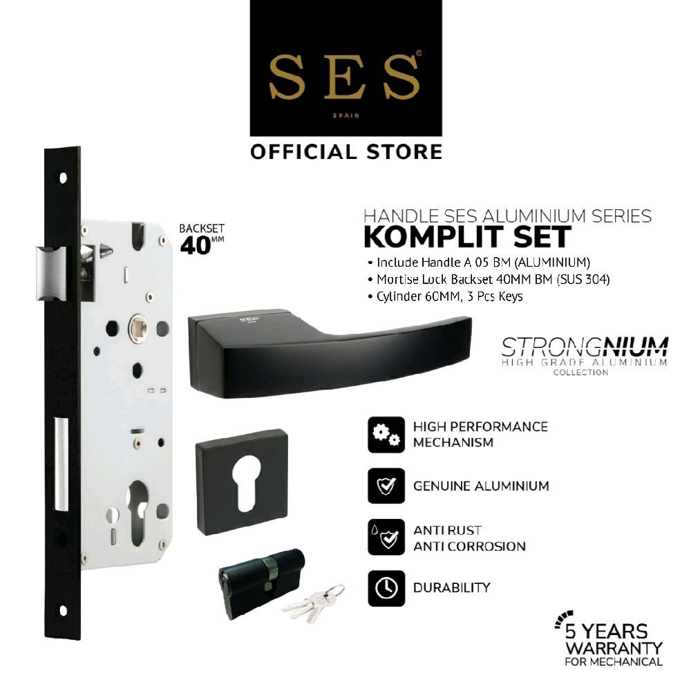 Gagang Pintu Set - Handle Pintu SES Aluminium A05 BM + Body Kunci SES ECO E2030 - 40mm BM