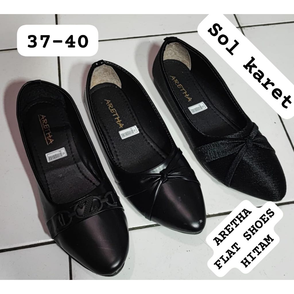 ARETHA Flat Shoes Wanita Perempuan Warna Hitam Sol Karet Anti Slip Nyaman Asli Produk Indonesia