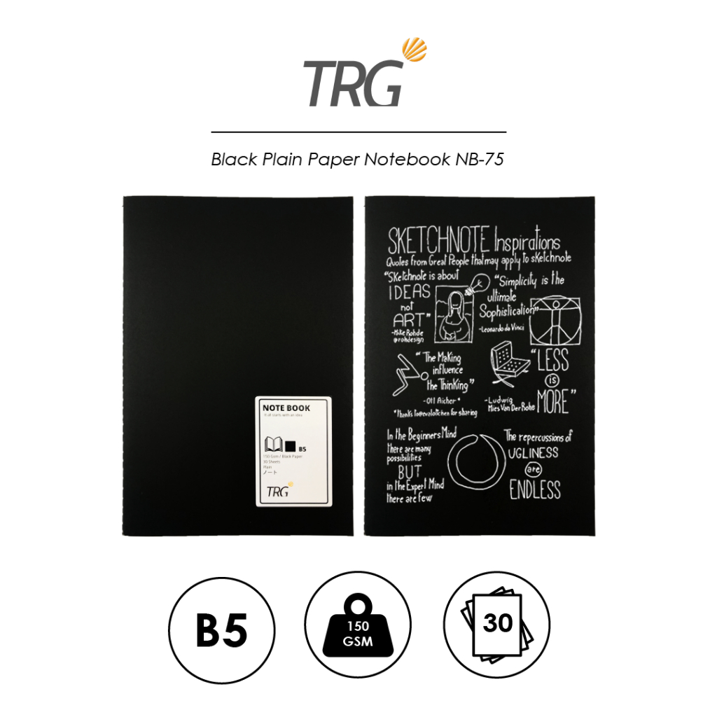 TRG Black Plain Paper Notebook B5 NB-75 - Buku Tulis Catatan A5 Hitam Polos Motif Plain TRG