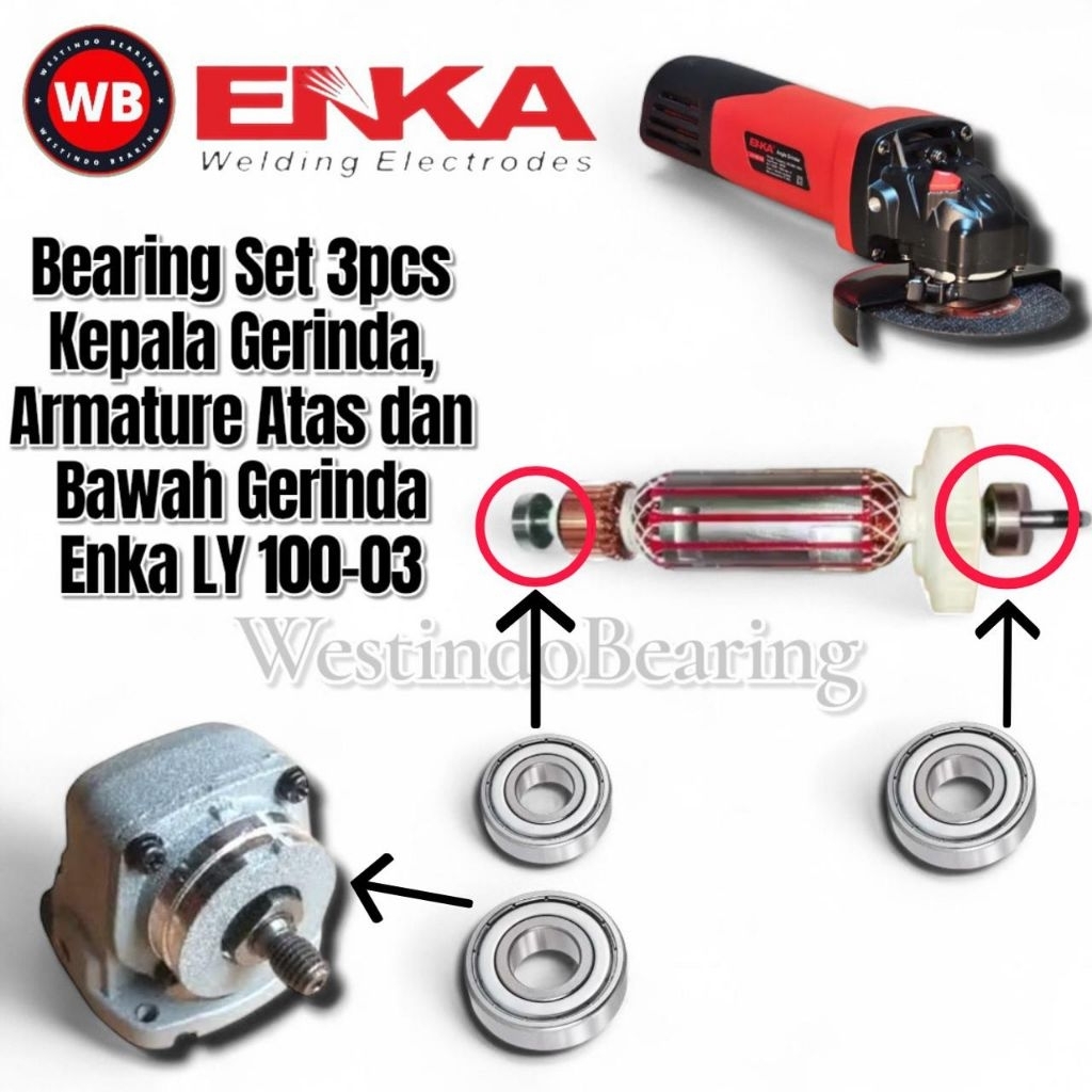 Bearing Set 3pcs Gerinda Enka LY100-03 Laher Laker Lahar Klahar Gearbox Kepala Depan Spindle Angker 