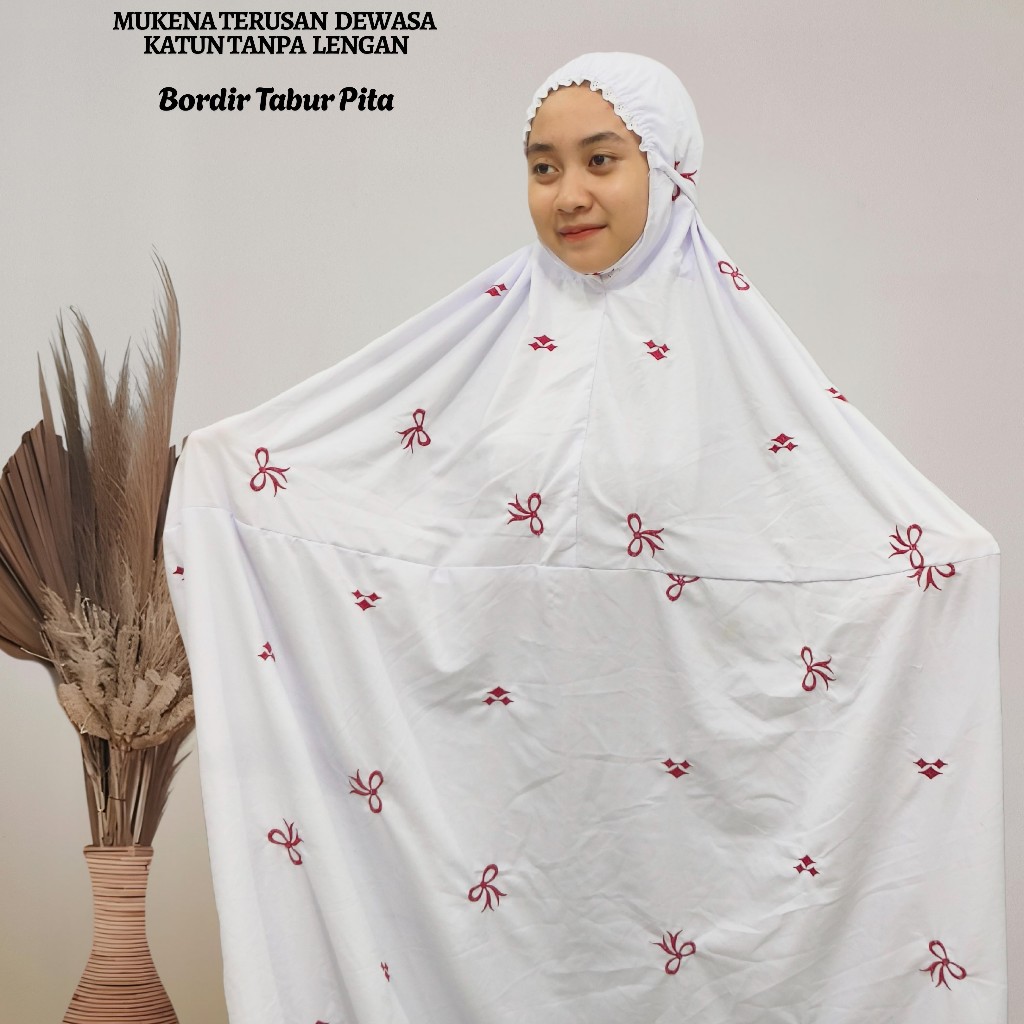 Mukena Terusan Tanpa Lengan Dewasa Jumbo Katun Polino Motif Bordir Tabur Pita