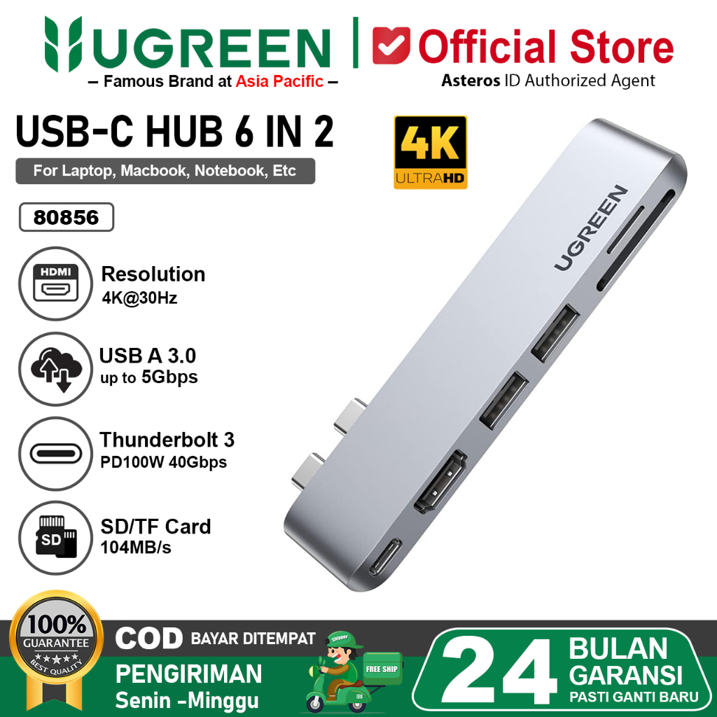 UGREEN HUB Macbook 6 In 2 Multiport Thunderbolt USB 3.0 HDMI SD TF Card 80856