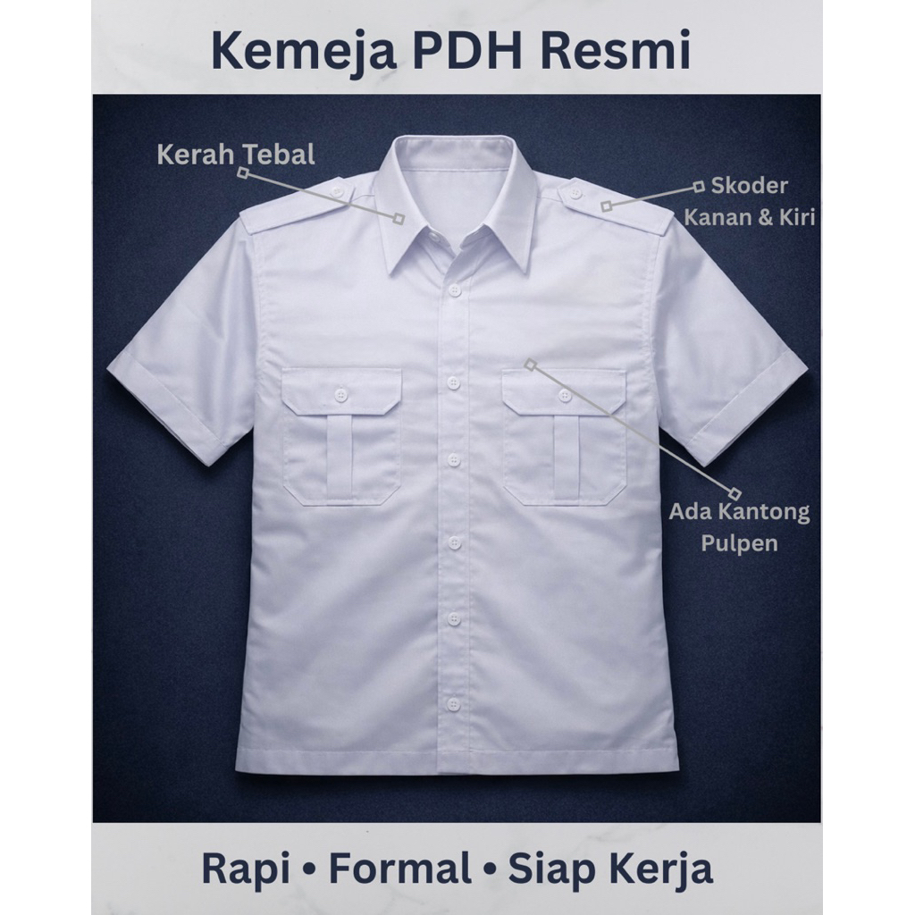 SEENA PDH Putih Kemeja PDH Putih Pria Lengan Pendek Bahan Katun Drill untuk Seragam Kantor dan Insta