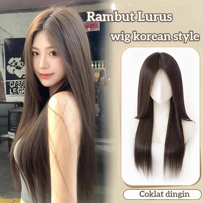 Wig korean style wig Lurus Wig wanita full kepala  Wig tanpa poni Wig bebas belahan  Wig daily  Wig 