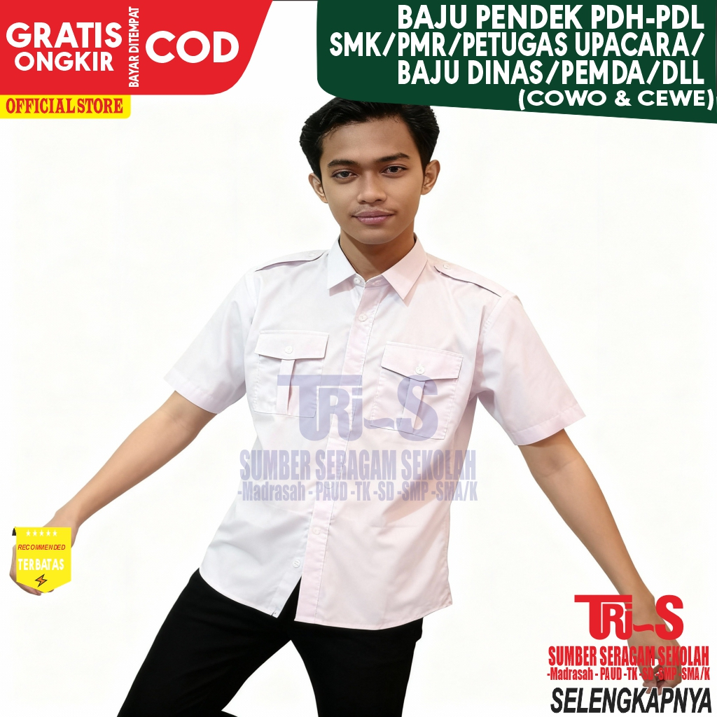 Baju Putih Pendek Kantong 2 Atas Pangkat ( PDH PDL, SMK, PMR, Petugas Upacara, Pemda, Dinas, Paskibr