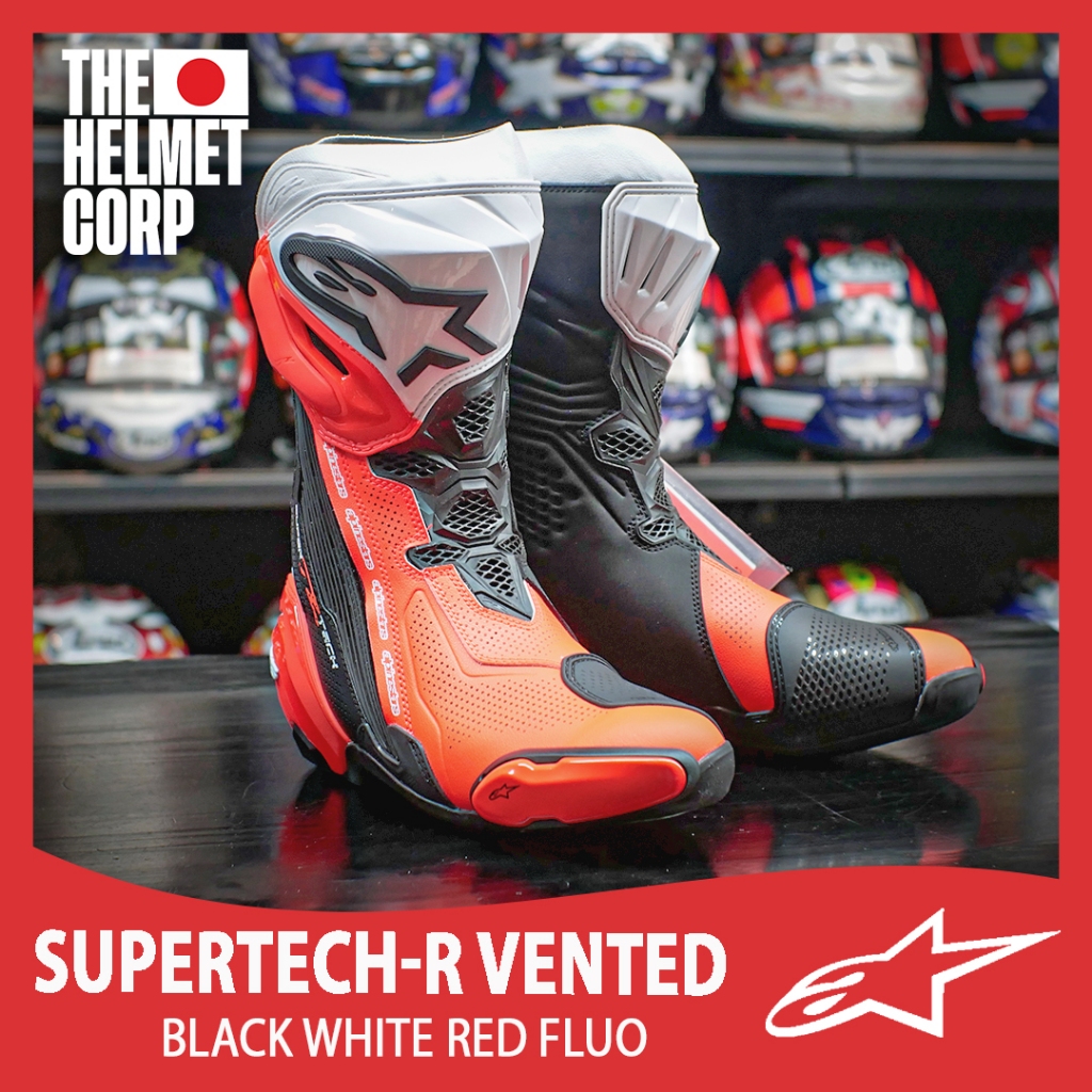 SEPATU ALPINESTARS SUPERTECH-R BLACK WHITE RED FLUO RACE SHOES ORIGINAL TRACKDAY SHOES ALPINESTAR