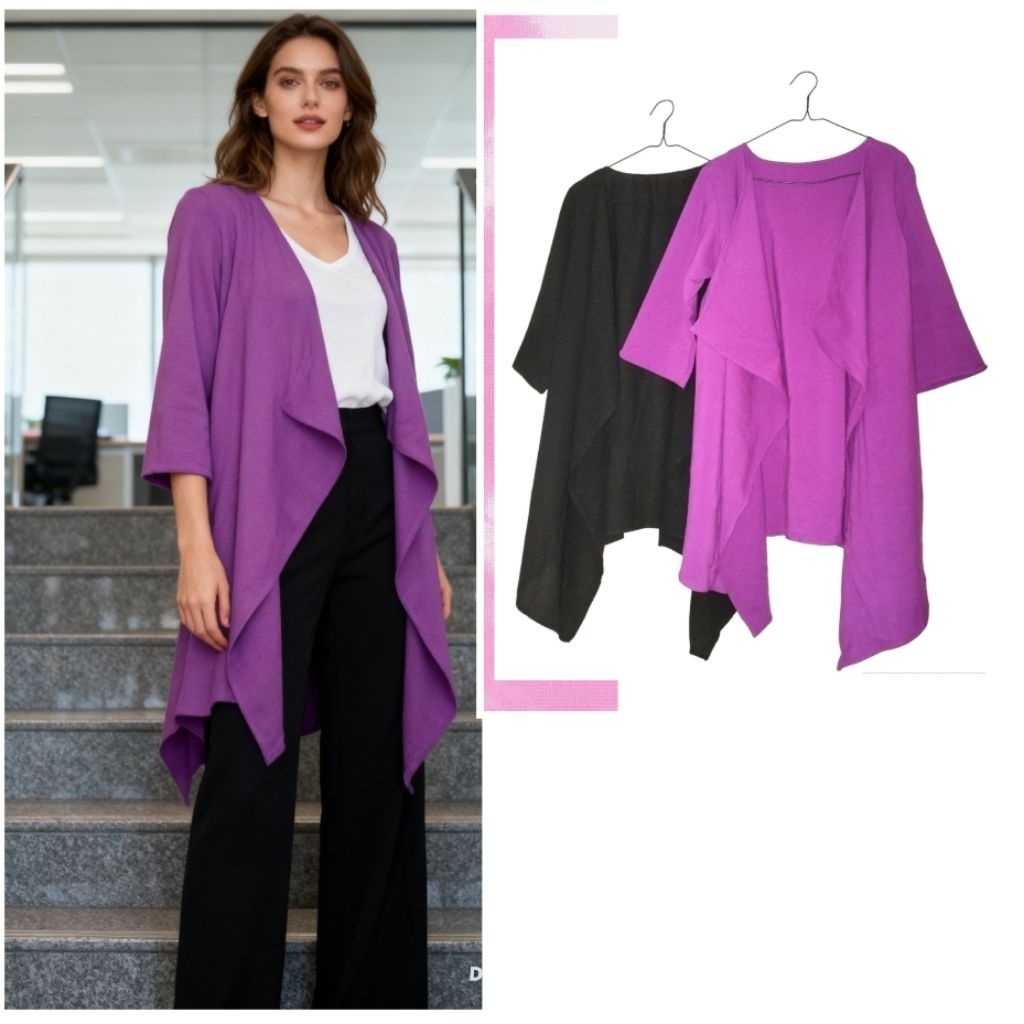 BISA COD Long Outer Cardigan Motif Polos Brokat Import All Size Jumbo