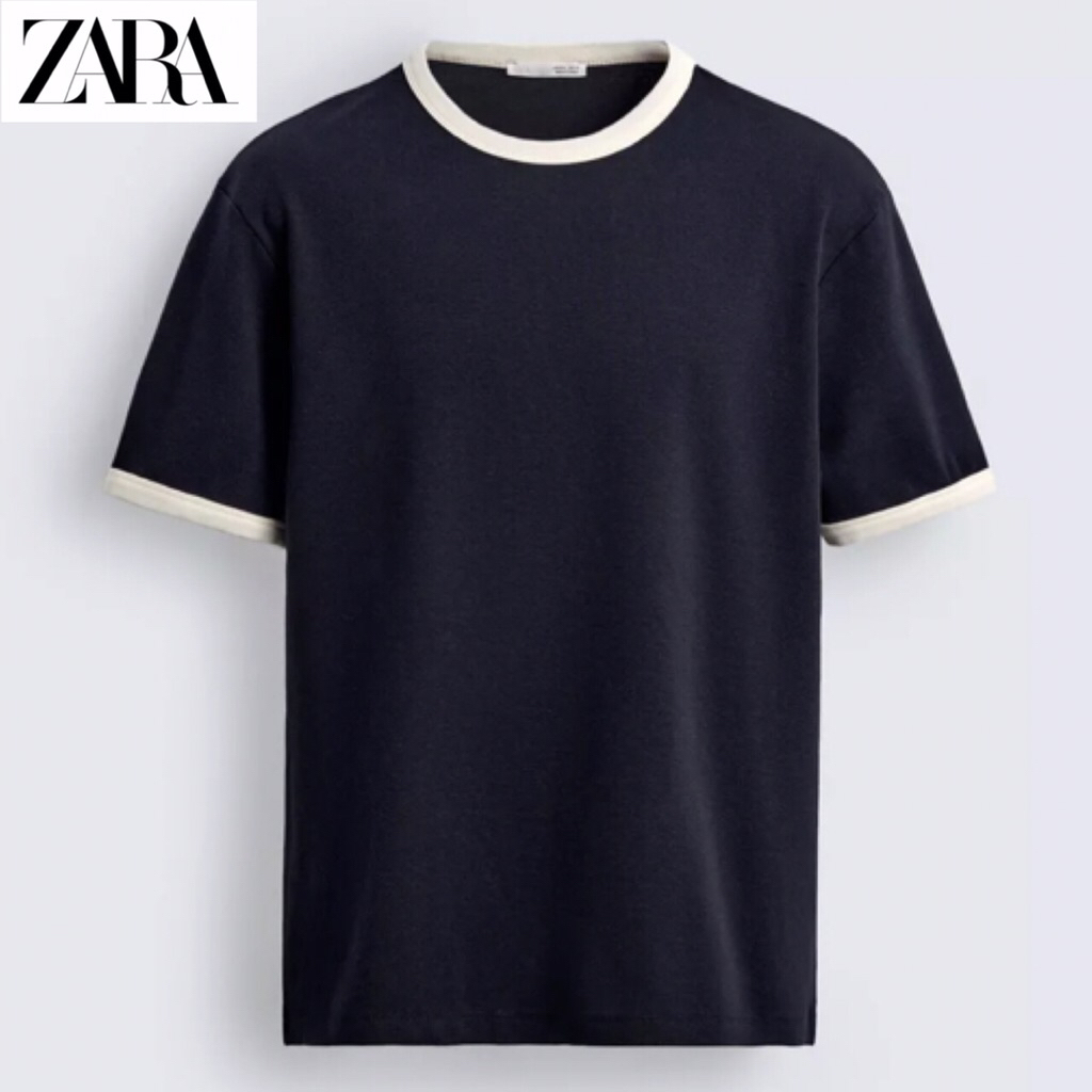 ZARA Men T-Shirt Basic Contrast Rib Kaos Pria Navy