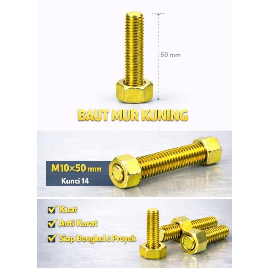 Baut Mur / Mur Baut M10x50mm / Baut Mur Kuning
