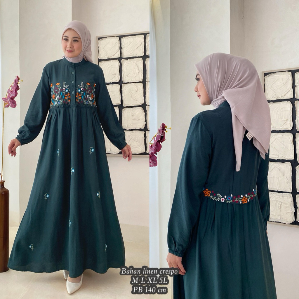 GAMIS BORDIR MOTIF BUNGA/GAMIS WANITA BAHAN TOYOBO FODU/ MOTIF KEKINIAN/GAMIS MUSLIM DEWASA/COD