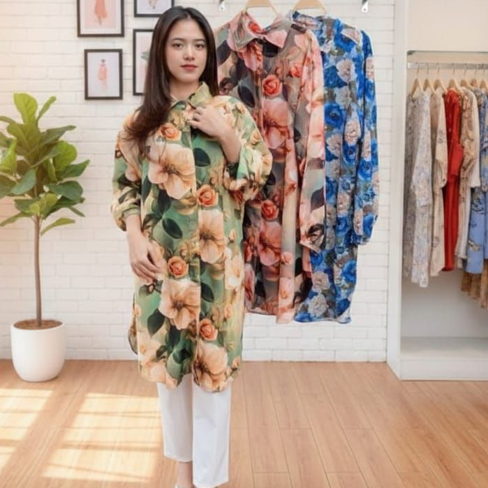 baju atasan wanita terbaru tunik rayon motif - muslim panjang oversize LD 120cm  -Long Tunik
