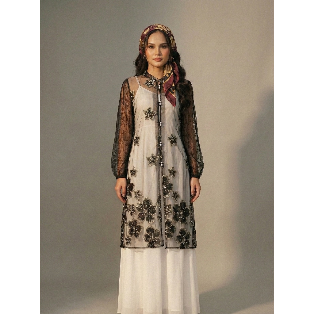 Haku | Shana Long Outer Brukat Wanita Muslim | Outer Brukat Tile Elegan | Long Outer Kerah Shanghai