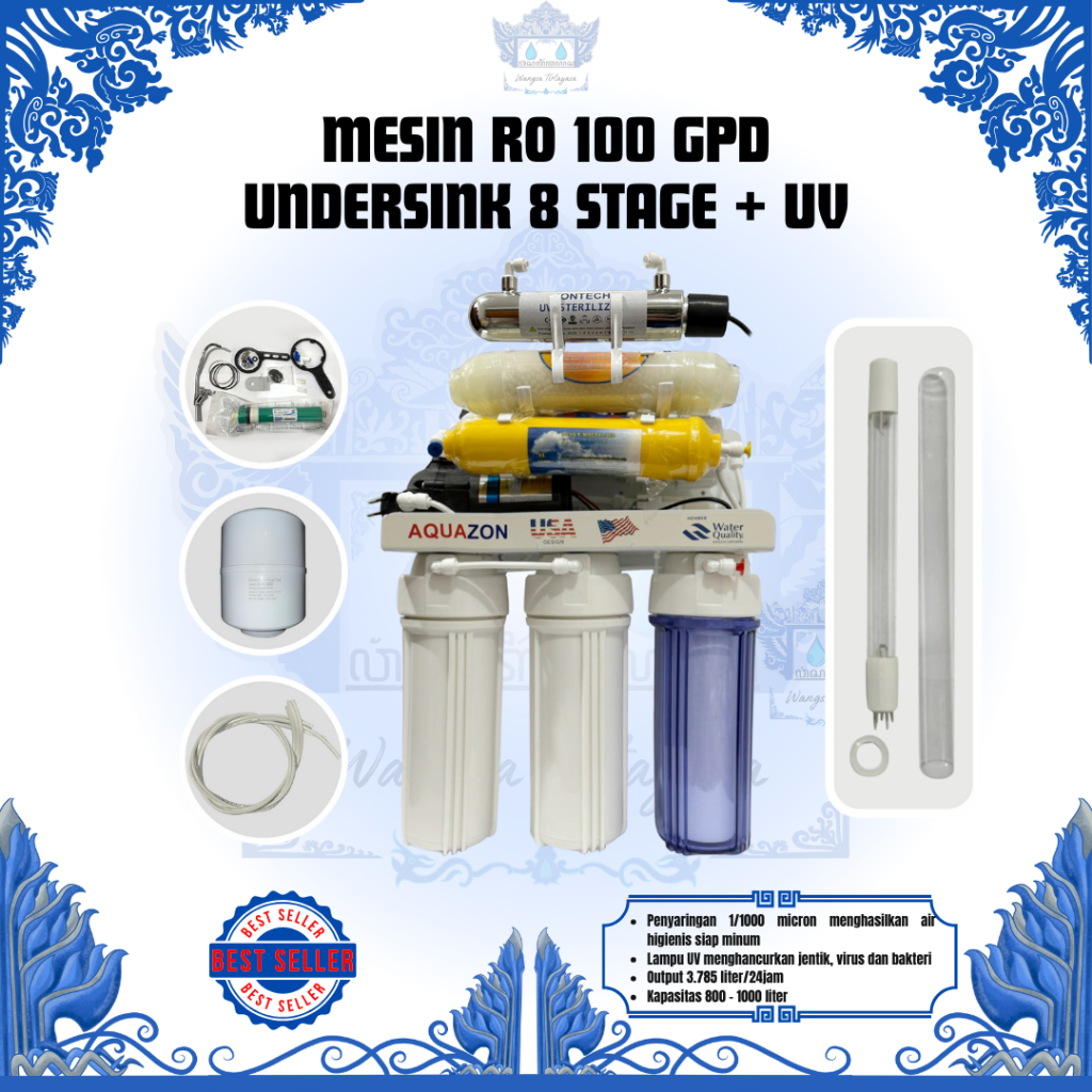 Mesin RO 100 GPD AQUAZON Undersink 8 Tahap Plus UV Filter Air Minum Rumah Tangga