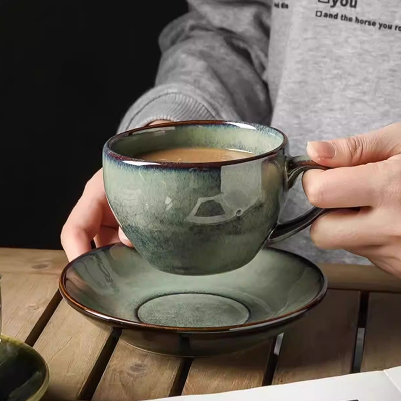 Set Cangkir Kopi Keramik 300ml + Coaster Cangkir Keramik Kopi Latte Motif Ceramic Coffee Cup Cafe Mu