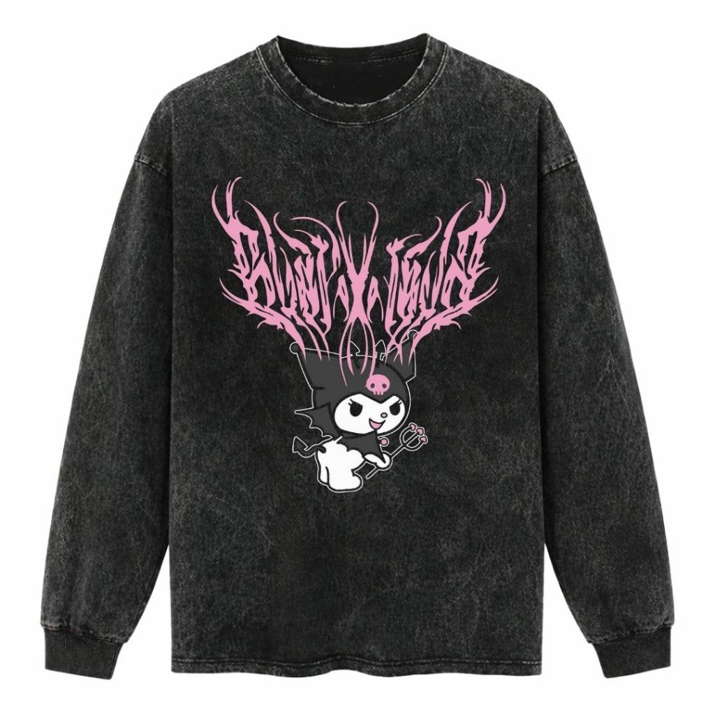 Psycho Crucify "Kuromi" Long Sleeve Oversized T-Shirt | Stone Wash | Kaos Oversize | Vintage | Atasa