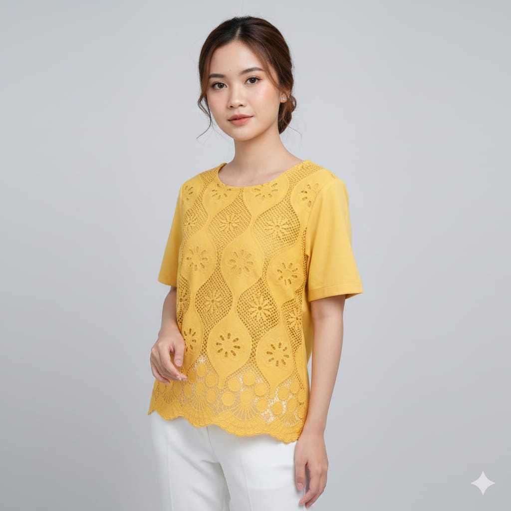 436057 | BLOUSE KAOS KOMBINASI KATUN BROKAT NO STRETCH LENGAN PENDEK HIJAU MAROON KUNING