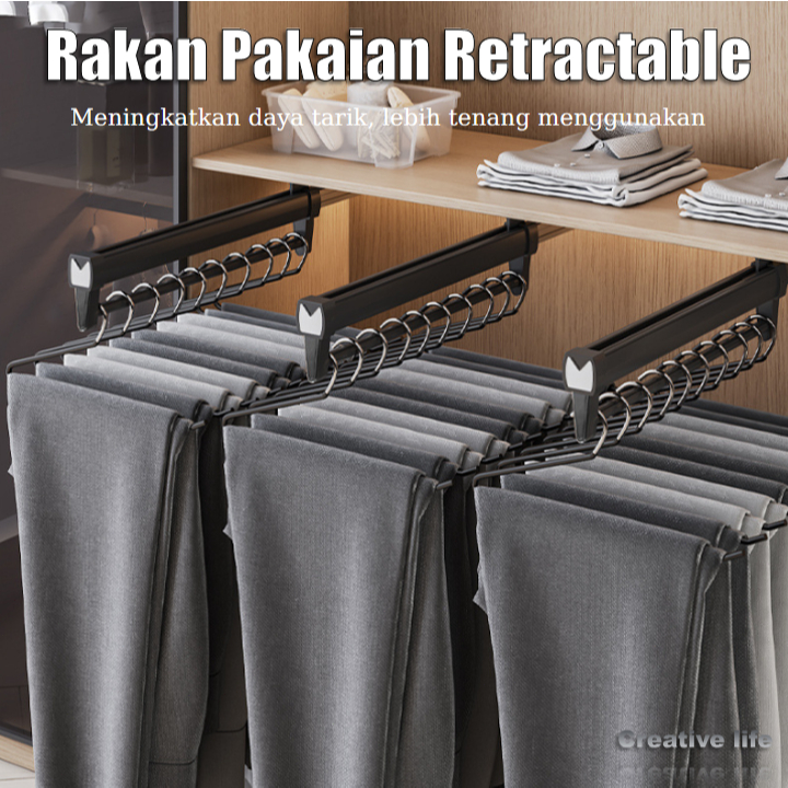 [READY] Gantungan Baju Tarik Rak Rel Gantungan Celana Teleskopik Batang Rel Pants Rack Pakaian Tarik