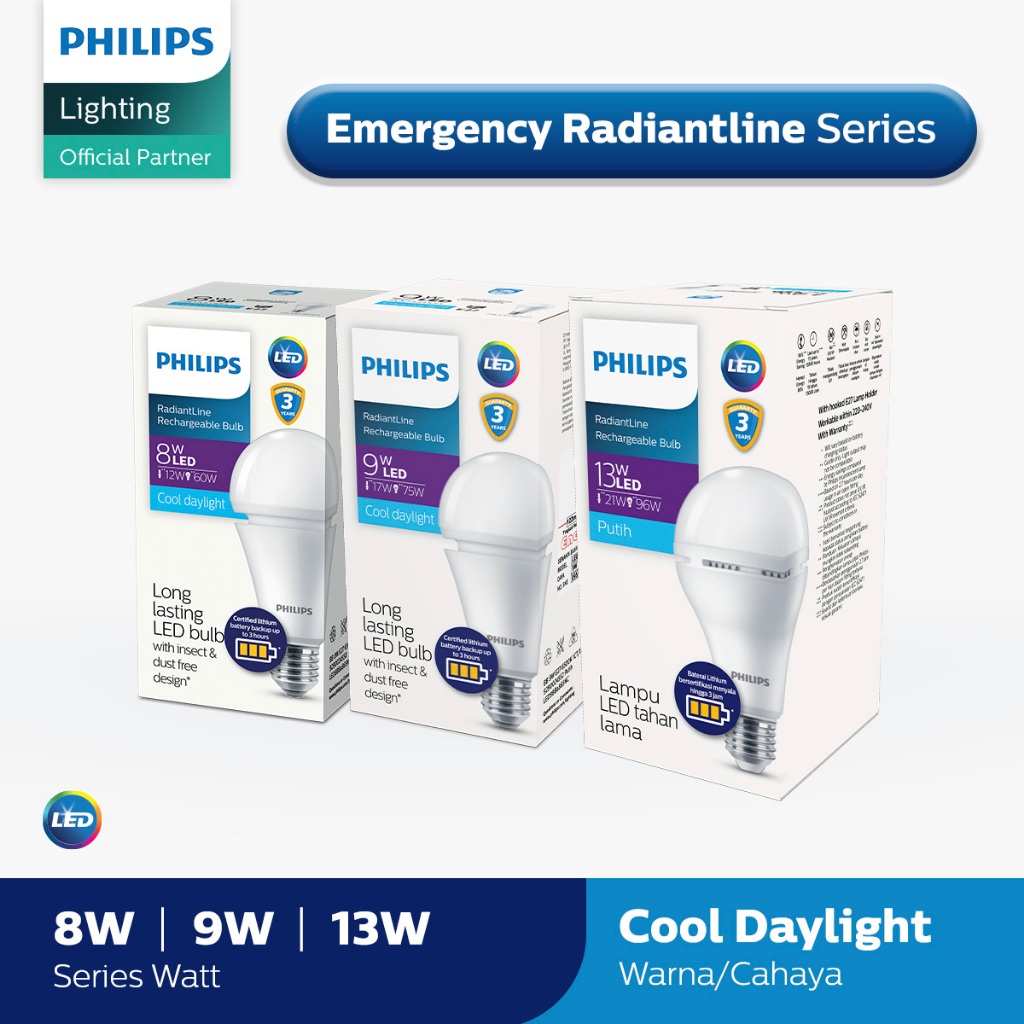 Philips Lampu Radiantline Emergency Rechargeable LEDBulb 8W, 9W, 13W E27 6500K 230V Putih